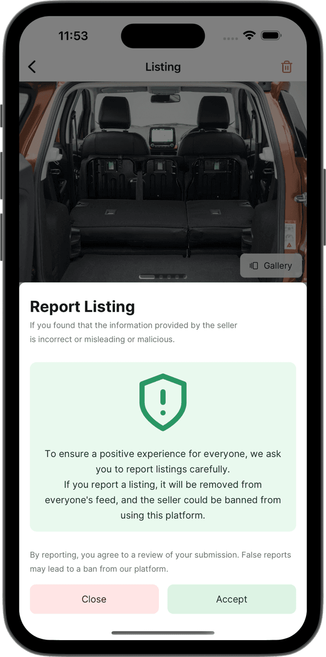 Screenshot of screen on mobile showing reporting feature